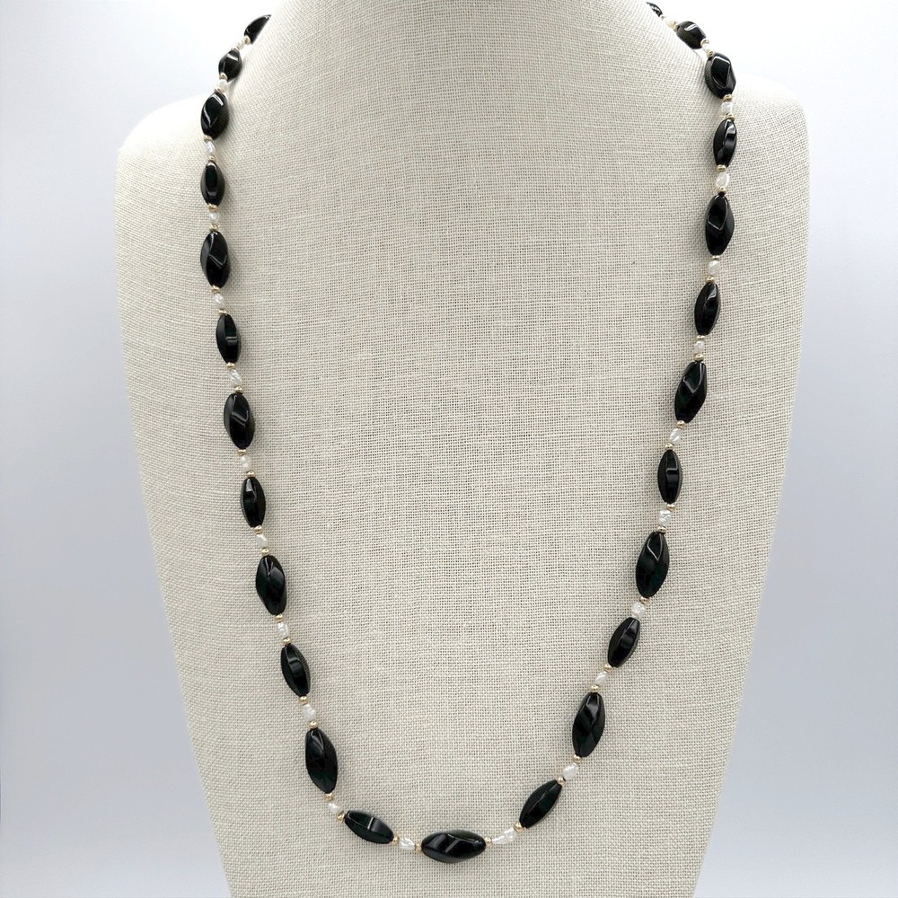 Vintage Black Fluted Bead Strand Necklace Long Opera Pearl Accent Retro Art Deco